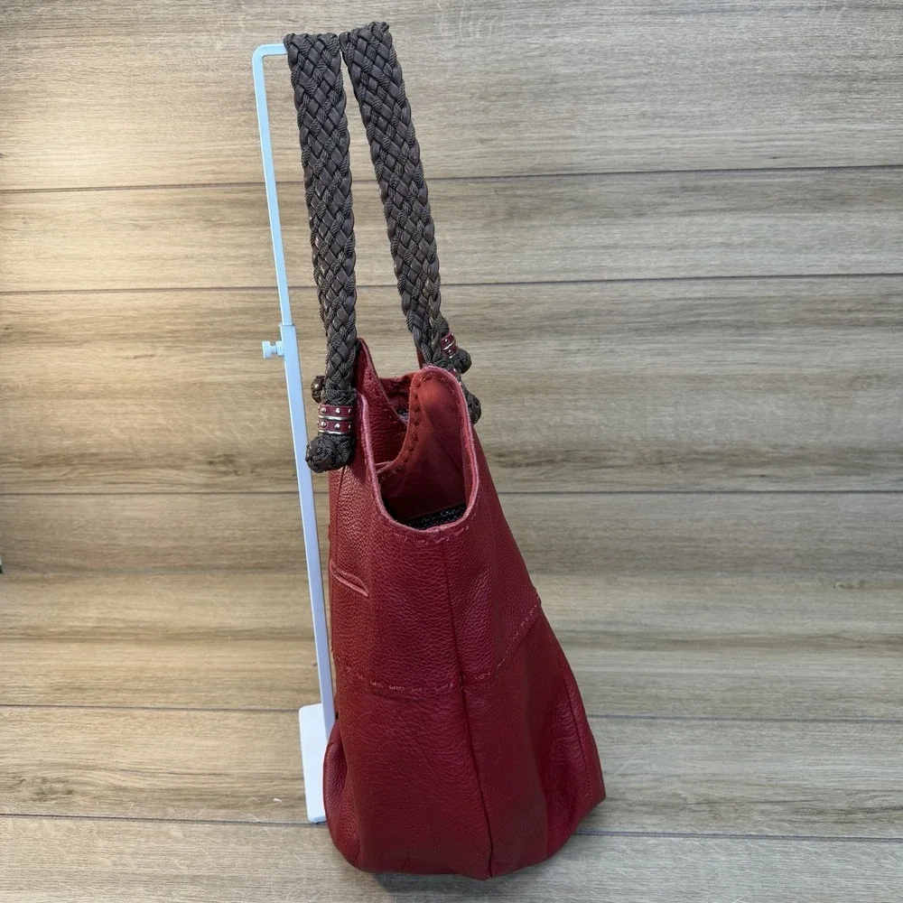 The Sak Womens Indio Hobo Handbag Red Leather Boho Braided Shoulder Tote Bag